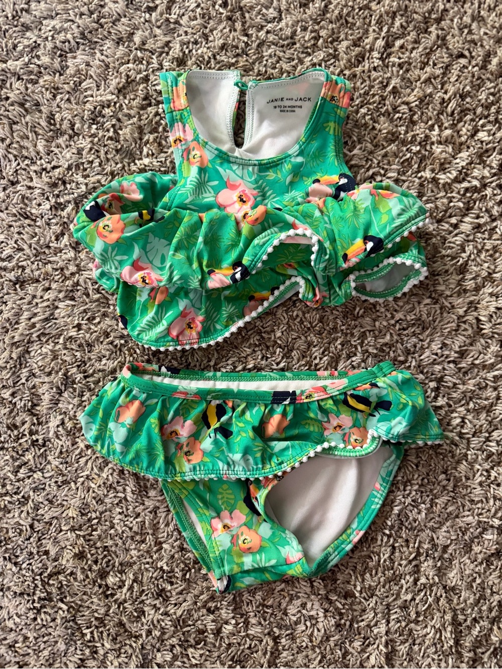 Janie and Jack Green Floral Toucan Ruffled Two-Piece Swimsuit